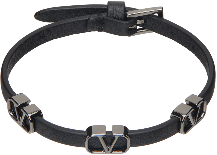 Valentino Garavani Black Vlogo Signature Leather Bracelet In 0no Nero