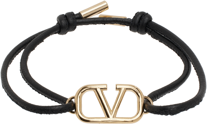 Valentino Garavani Black Vlogo Leather Bracelet In Nero