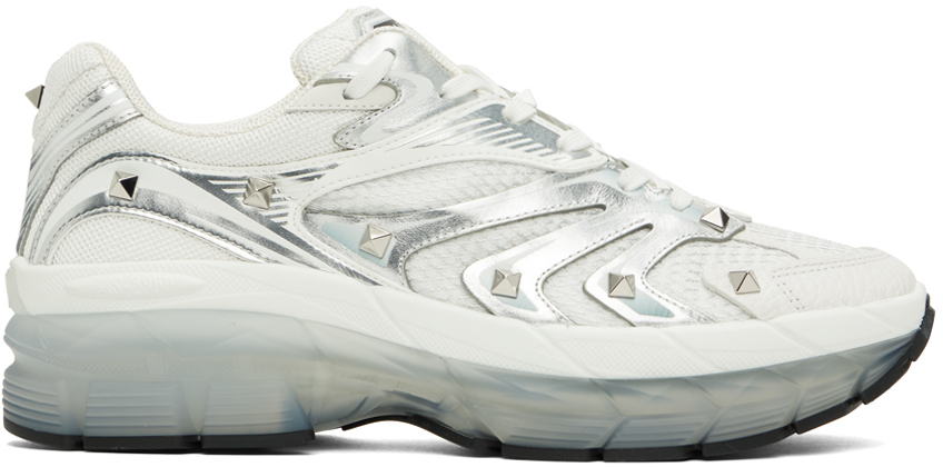 Valentino Garavani Ms-2960 Low-top Trainer In Fabric And Calfskin In White/silver/pastel Grey
