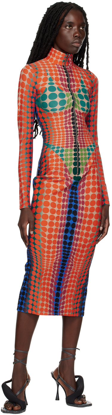 JEAN PAUL GAULTIER PURPLE & ORANGE CYBER DOTS MIDI DRESS 