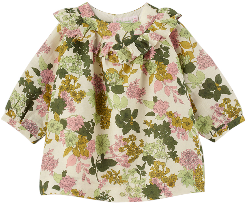 Bonpoint Babies' Falbali Floral-print Smock Dress In Fl Ecru