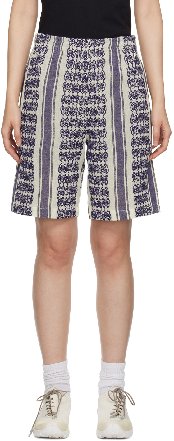 Needles White & Navy Papillion Stripe Shorts In A-white