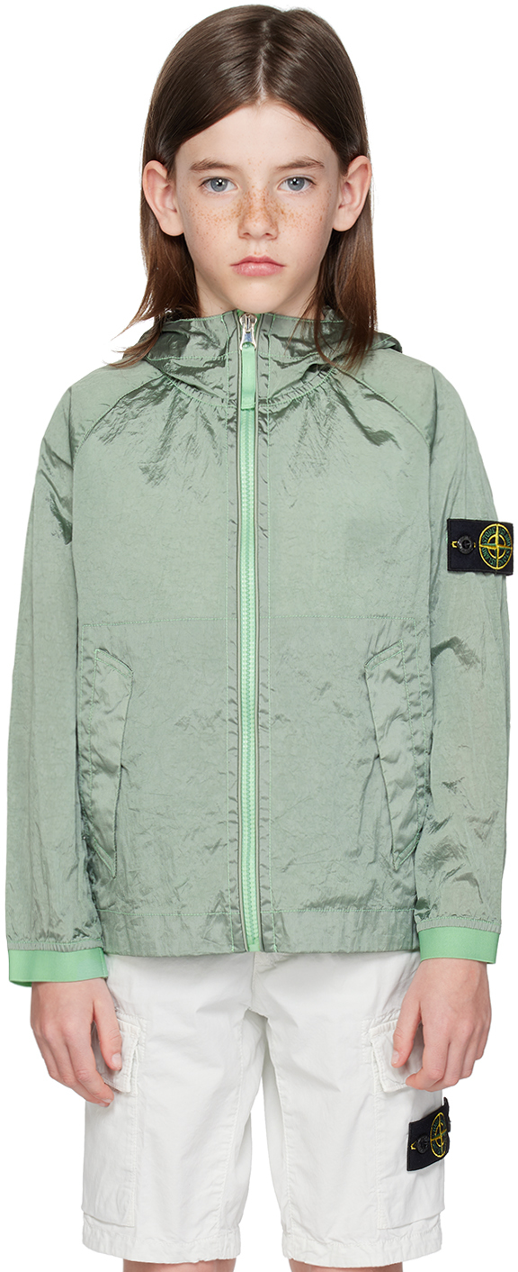 Stone Island Junior Compass-patch Hoodie Jacket In Green