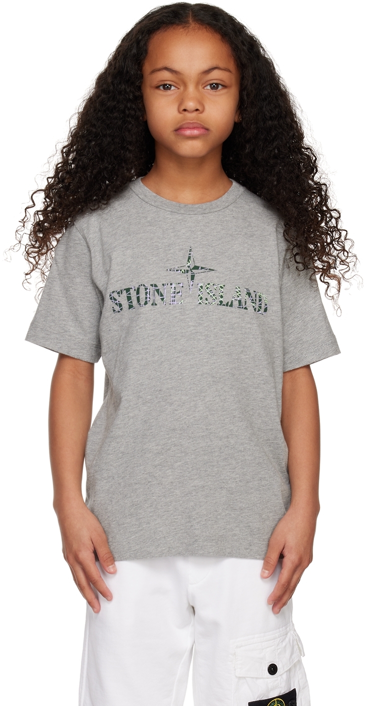 Stone Island Junior Kids Gray Printed T-shirt In V0m64 - Melange Grey
