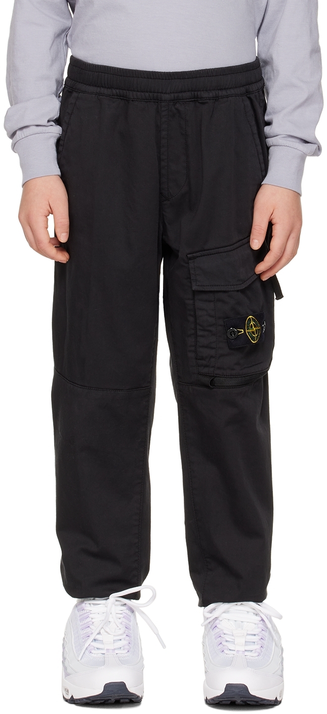 Kids Black Garment-Dyed Cargo Pants by Stone Island Junior on Sale