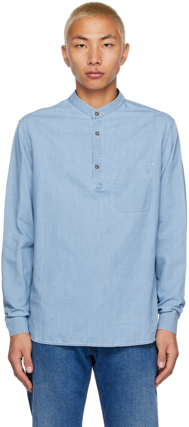 Agnona Grandad-collar Cotton, Linen And Cashmere-blend Chambray Shirt In Blue