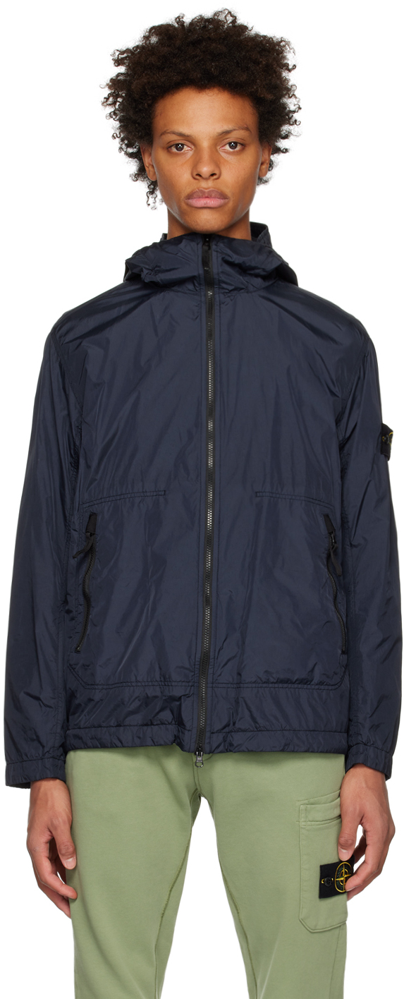 Stone Island Blue Jacket With High Collar And Compass Logo Applied On The Sleeve In Tech Fabric Man In V0020 Navy Blue