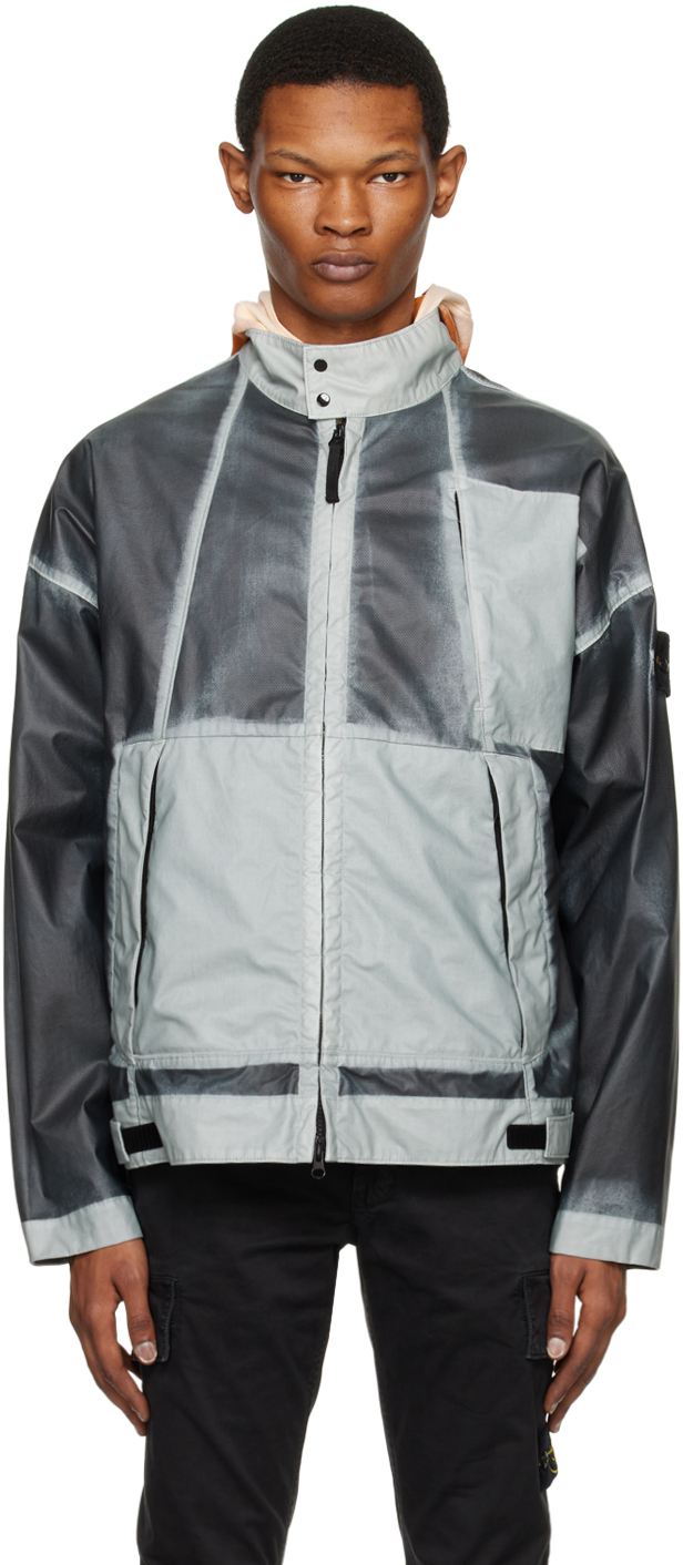 Stone Island Grey Mussola Gommata Biker Jacket In V0041 Sky Blue