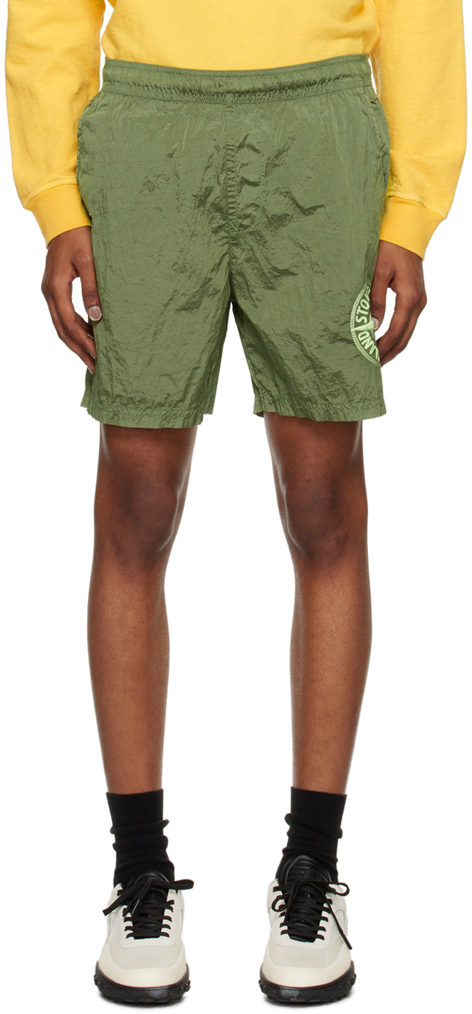 Stone Island Men's Embroidered Nylon Swim Shorts In Green