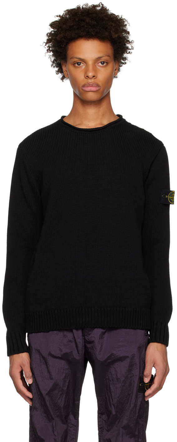 Stone Island Black Rolled Crewneck Sweater In V0029 Black
