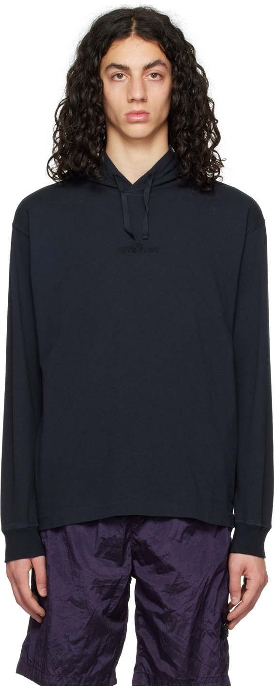 Stone Island: Navy Embroidered Hoodie | SSENSE