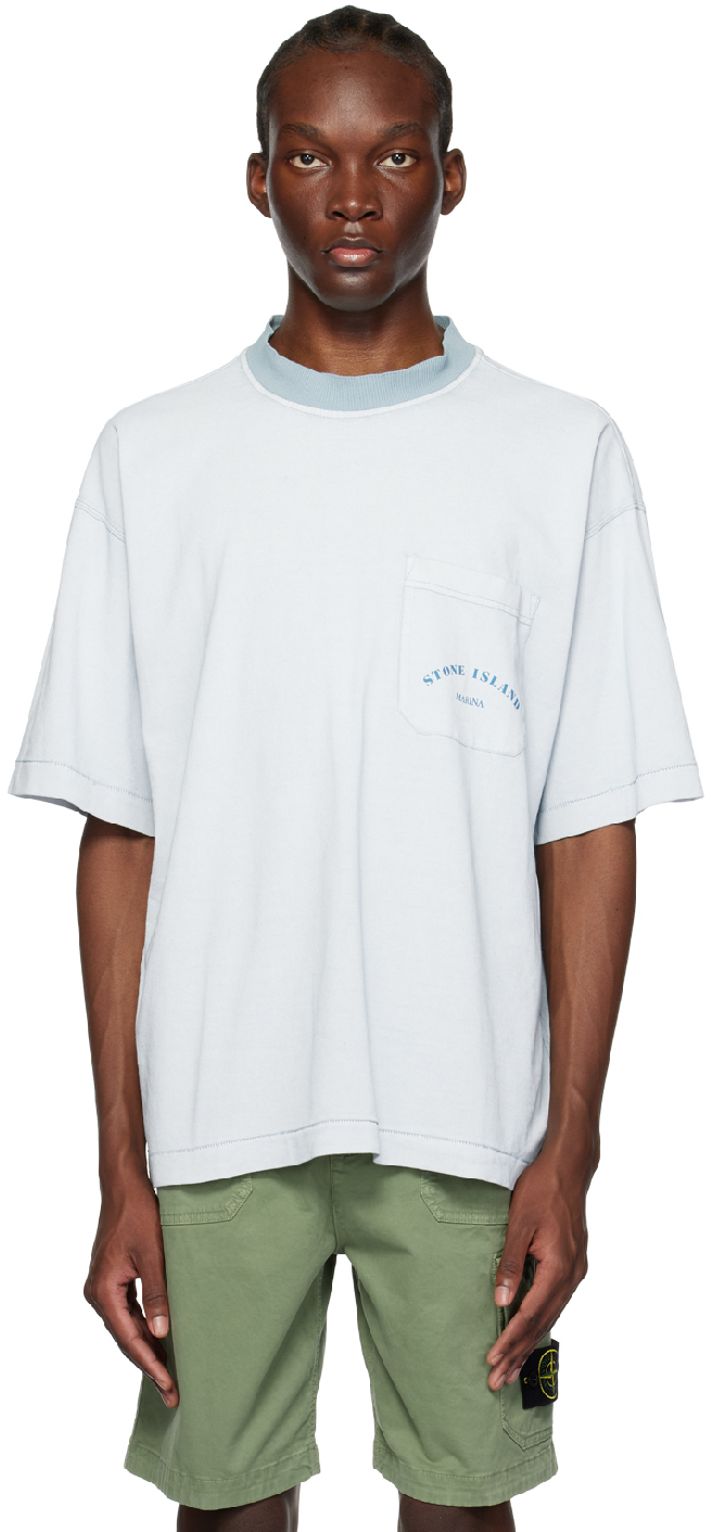 Stone Island: Blue Printed T-Shirt | SSENSE