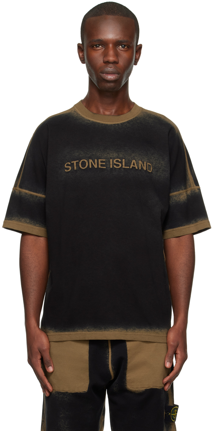 Stone Island Black & Taupe Printed T-shirt In V0098 Dark Beige
