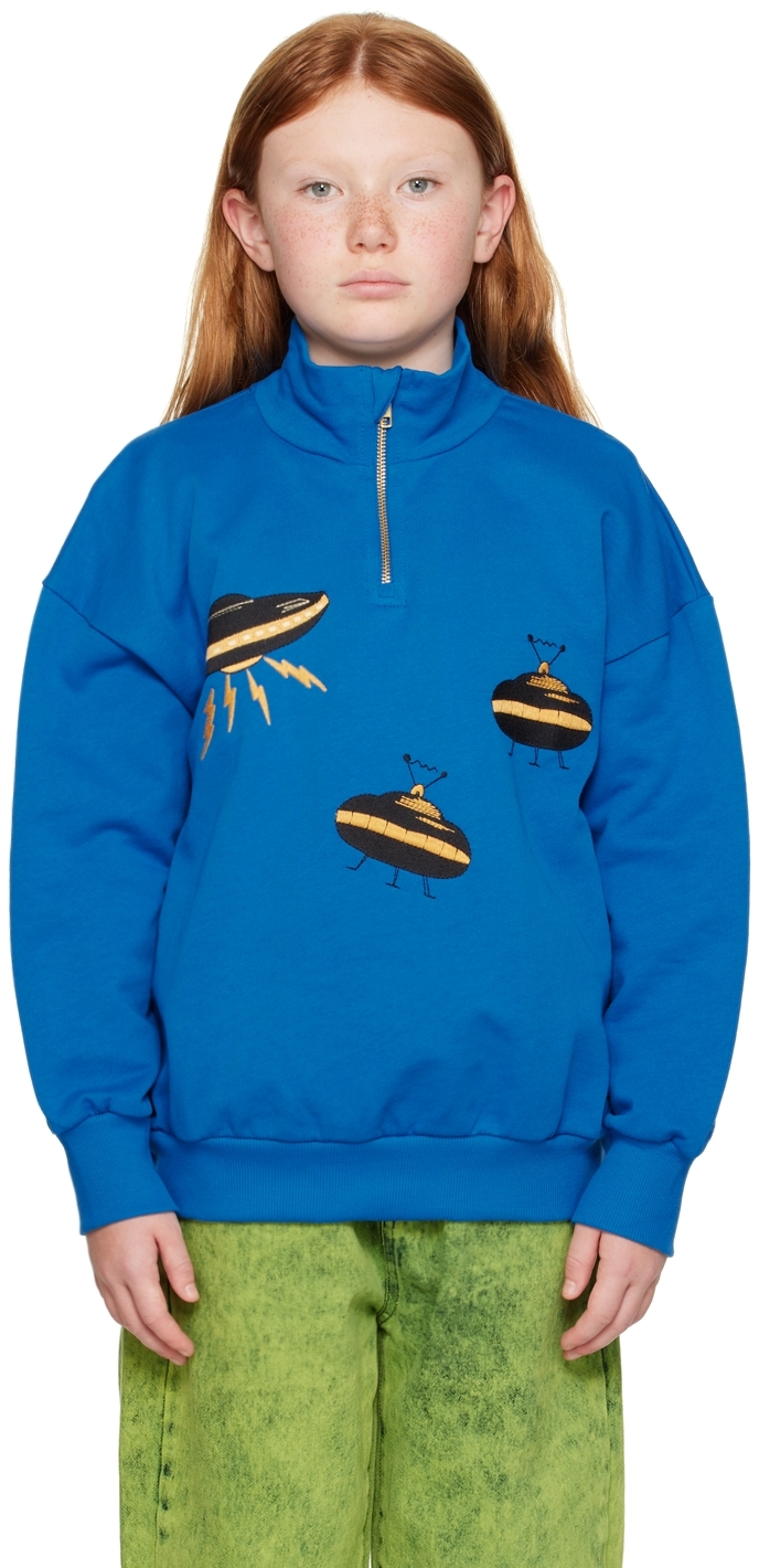 MINI RODINI KIDS BLUE UFO HALF-ZIP SWEATER