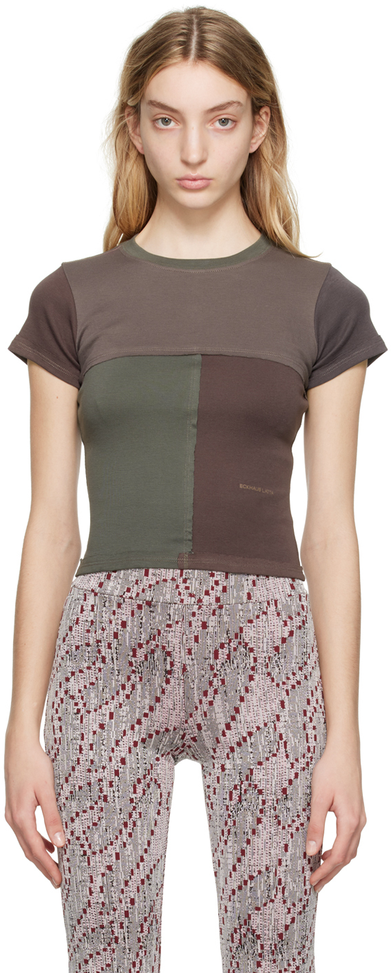Eckhaus Latta Colorblock Lapped Cotton Jersey Tee In Brown