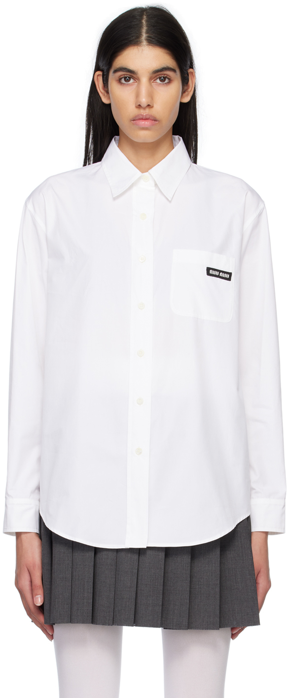 Miu Miu Button-down Embroidered-logo Poplin Shirt In White
