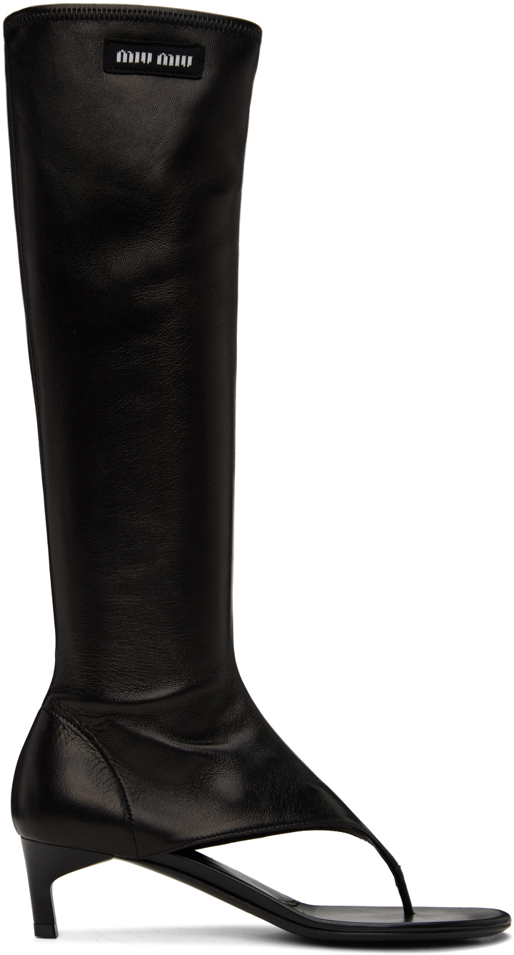 Miu Miu Lambskin Thong Knee Boots In Black | ModeSens