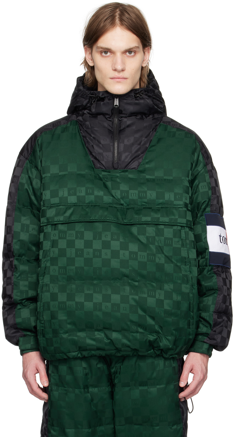 Tommy Jeans Green & Black Monogram Down Jacket In Darkened Emerald