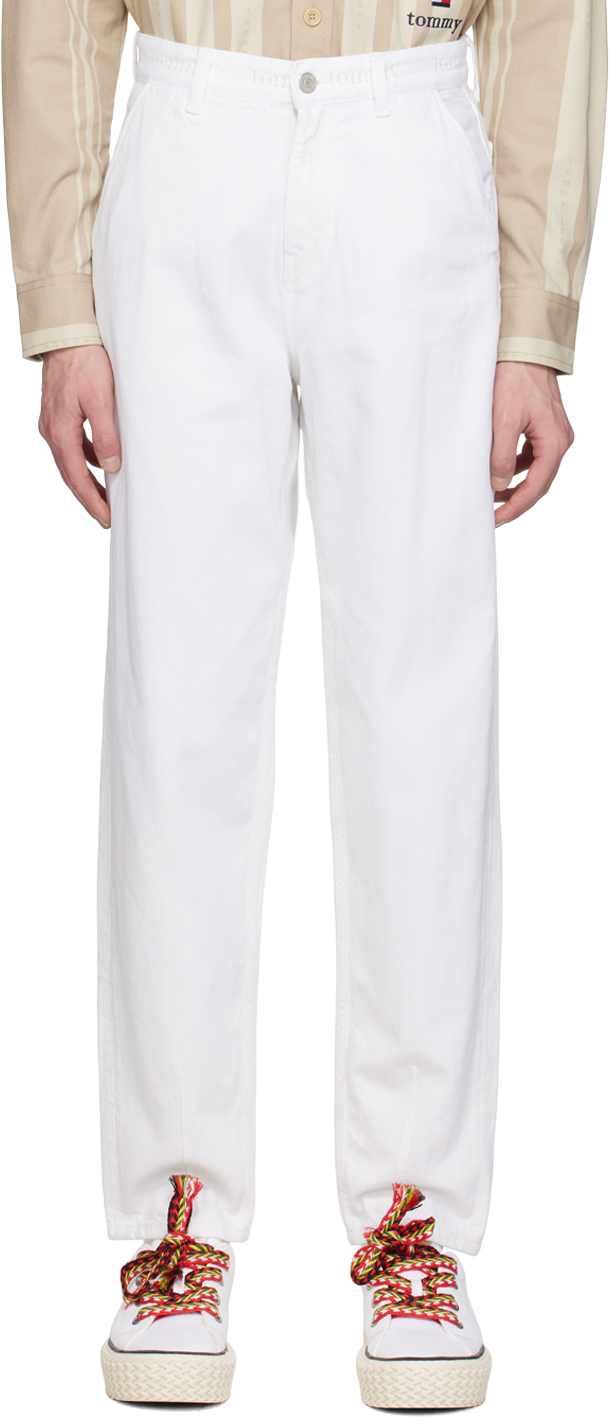 White Embroidered Jeans by Tommy Jeans on Sale