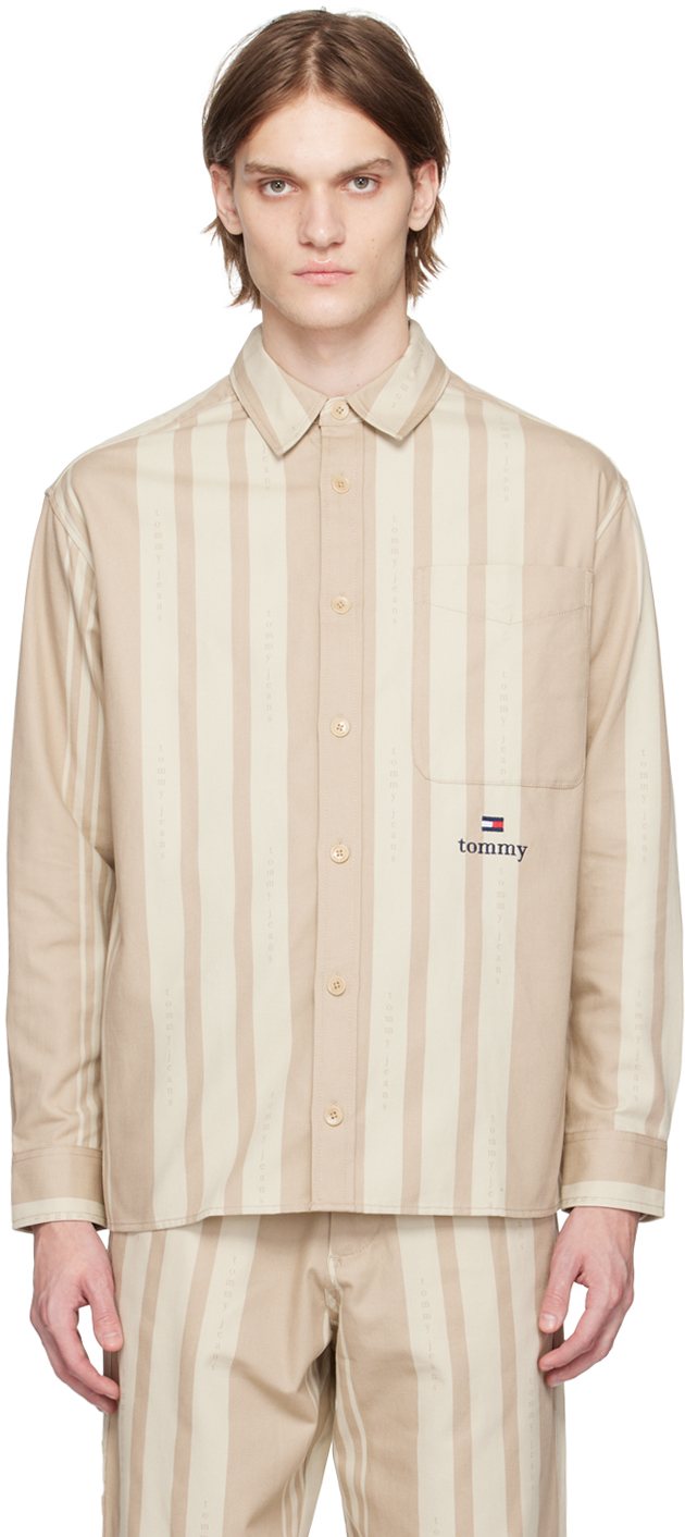 Tommy Jeans Beige Serif Stripe Shirt In Light Sandalwood