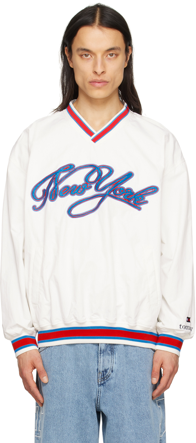 Tommy Jeans White Embroiderd Varsity Sweater In Ecru