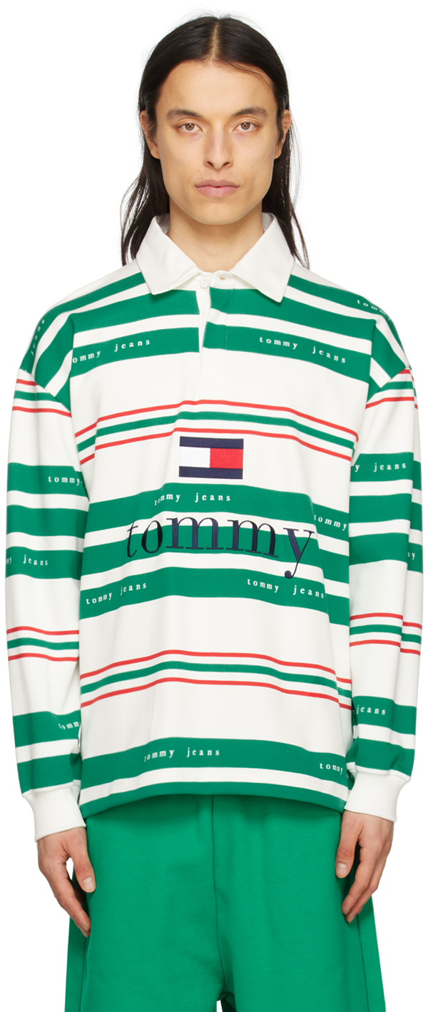 Tommy Jeans Green & White Striped Rugby Long Sleeve Polo In Navigator Green / St