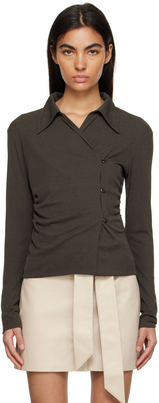 Nanushka Venna Asymmetric Button-front Wrap Shirt In Dark Moss