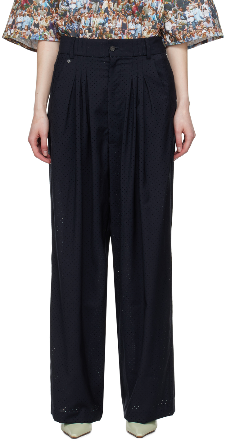 Bless Navy Ultrawidepleated Trousers In Perforated Wool Blac | ModeSens