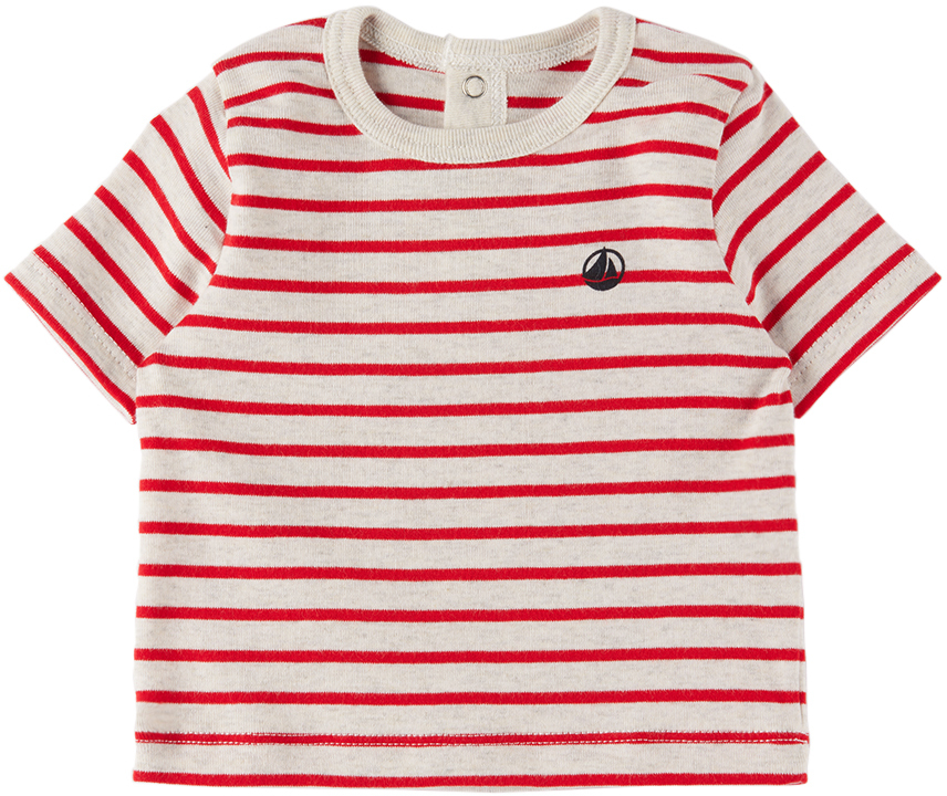 Petit Bateau Baby Gray & Red Stripy T-shirt In 02 Montelimar/peps