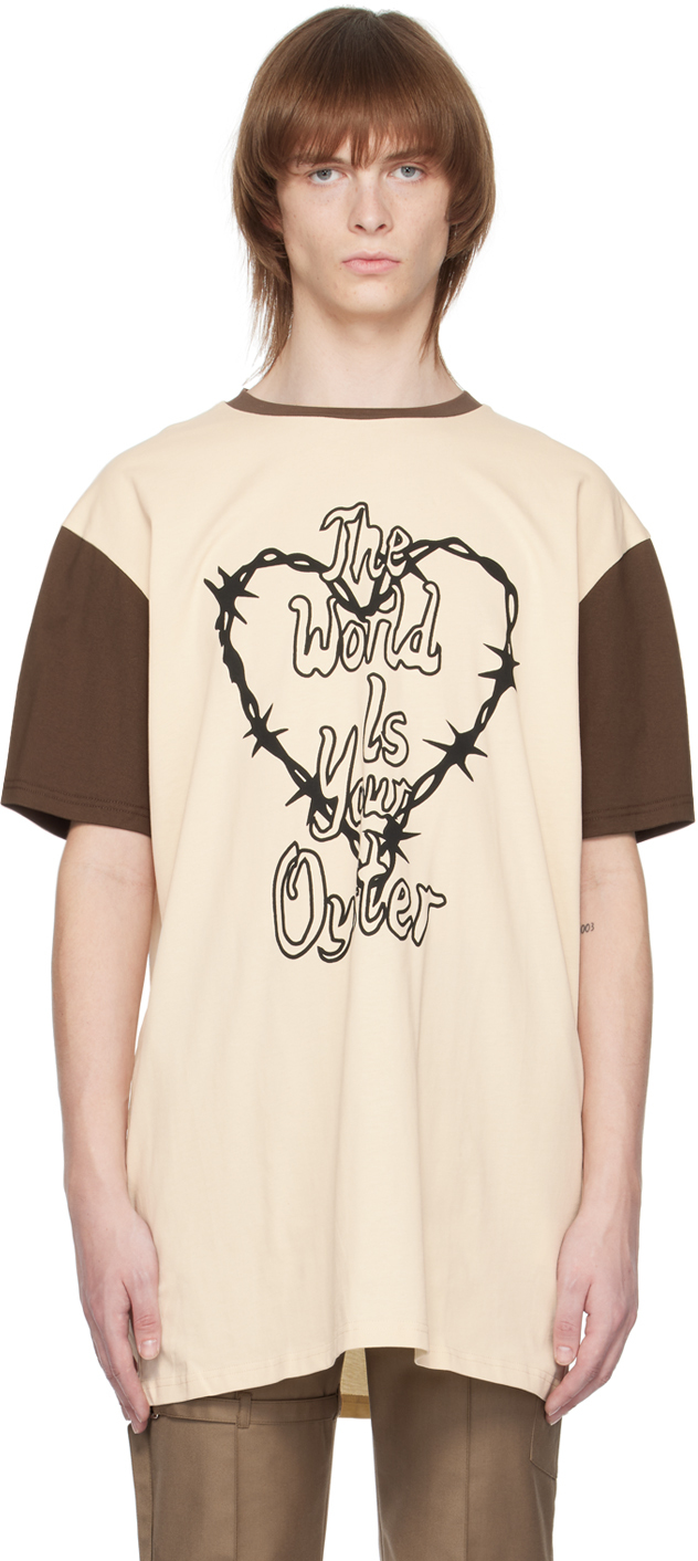 The World Is Your Oyster Beige & Brown Thorny Heart T-shirt In Beige/brown