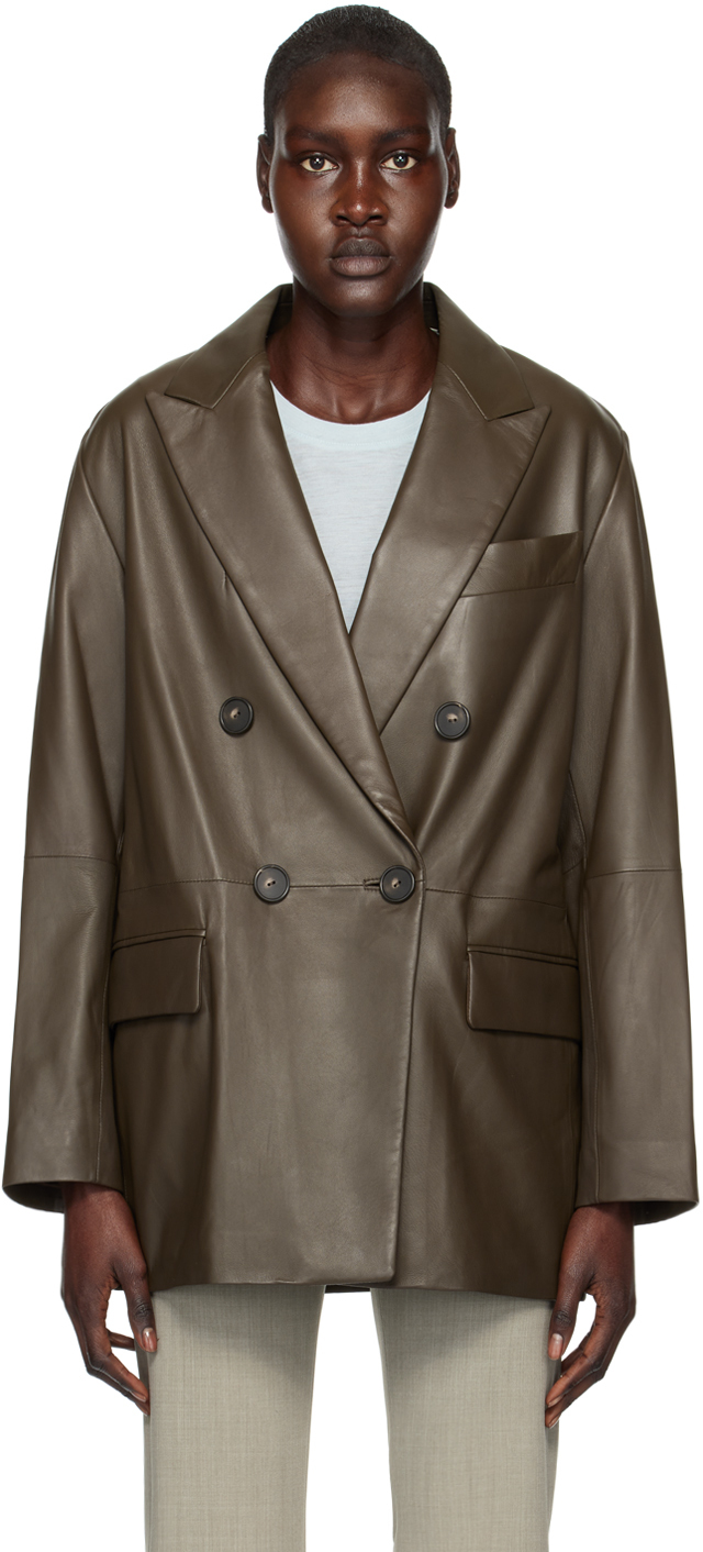 Vince Khaki Double Breasted Leather Jacket