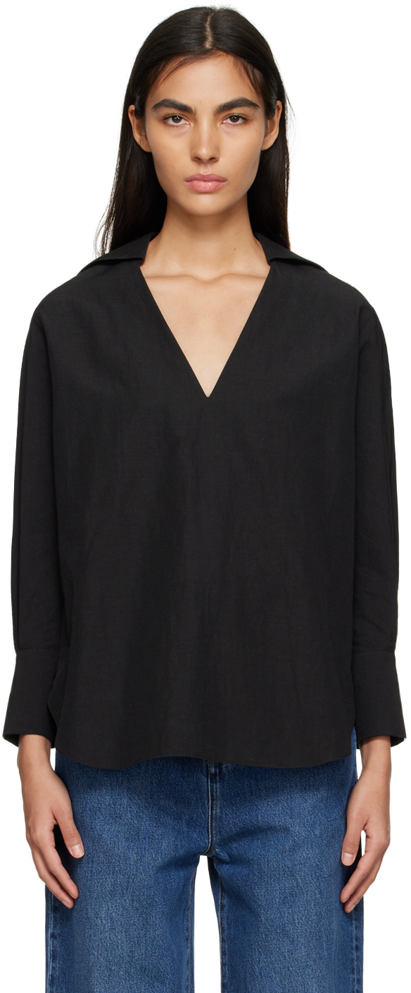 Shop Vince Black V-neck Shirt In Black-001blk