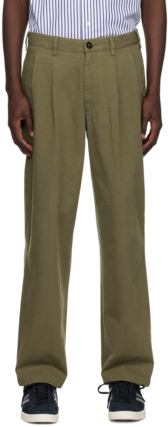 Noah Khaki Double-pleat Trousers In Army Green | ModeSens