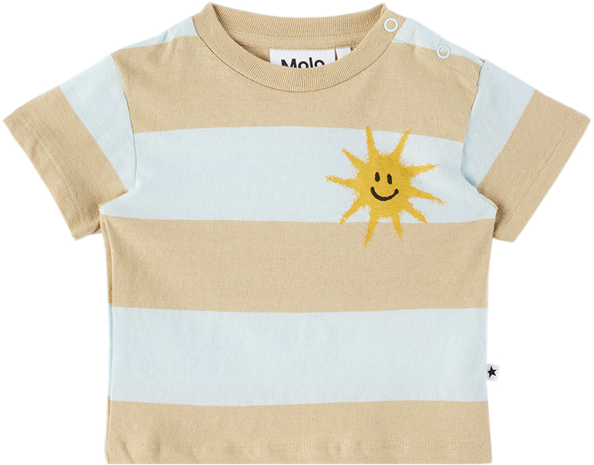 Molo Kids' Boy's Enzo Happy Face Sun Graphic Striped T-shirt In Iced Blue Stripe
