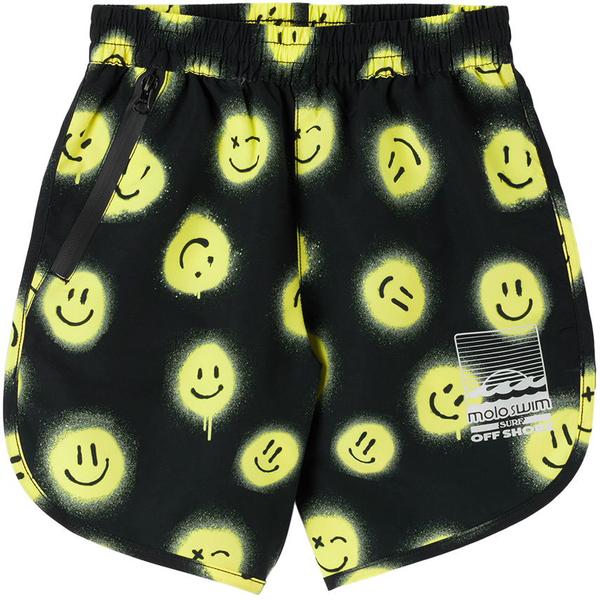 Molo Kids' Smile Print Recycled Nylon Swim Shorts In Black