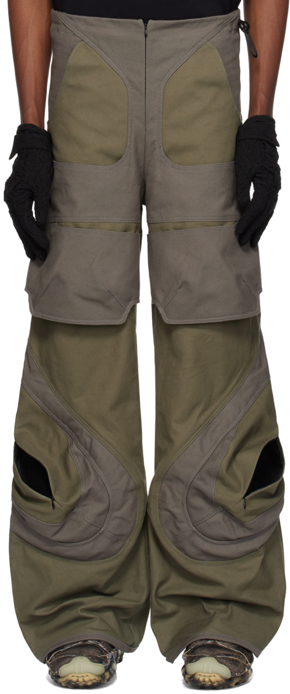 Hokita Khaki & Grey Paneled Cargo Trousers In Grey/olive