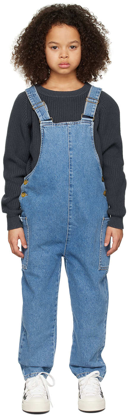 Repose Ams Kids Blue Embroidered Denim Overalls In Mid Blue