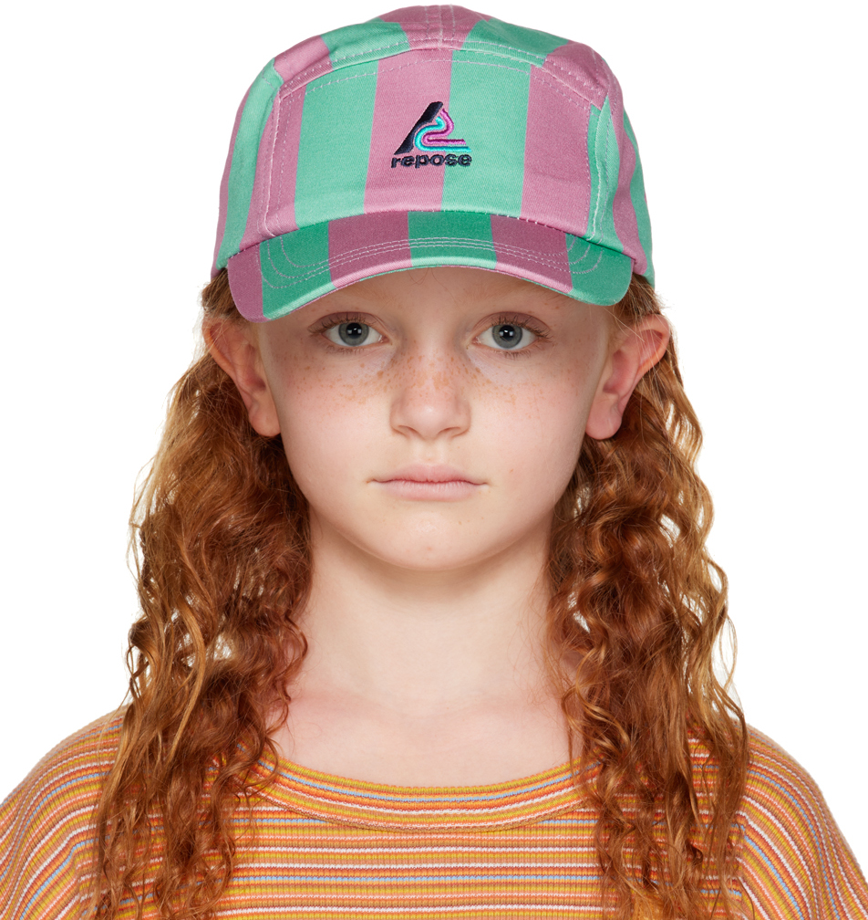 Kids Pink & Green Striped Cap by Repose AMS on Sale