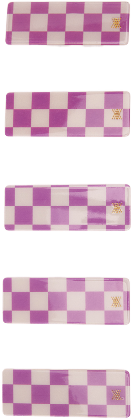 Repose Ams Five-pack Kids Purple & White Squared Hair Clips In Purple Bb Check