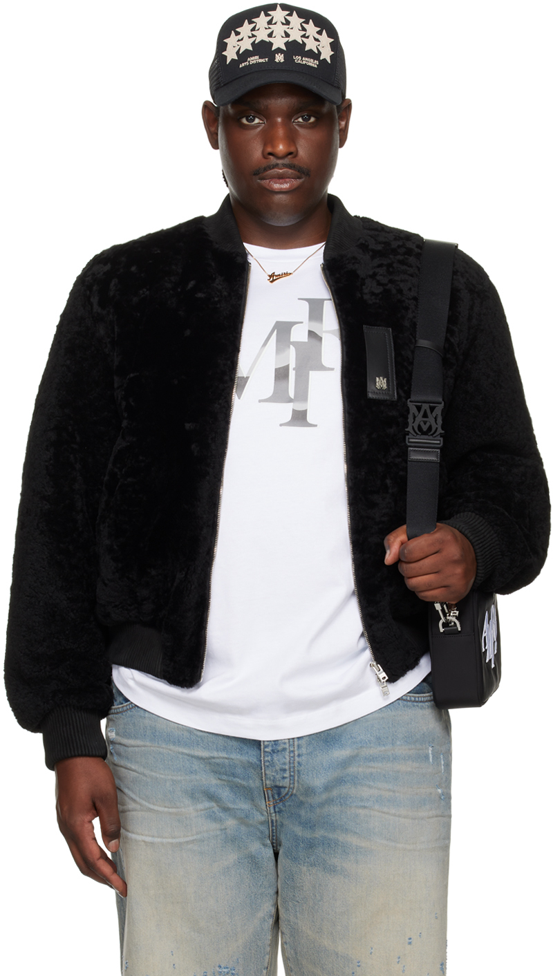 Shop Amiri Black Zip Front Shearling Bomber Jacket In Black-shearling