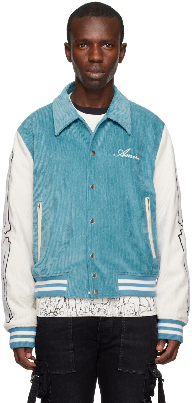 Amiri Bones Panelled Corduroy Varsity Jacket In Blue | ModeSens