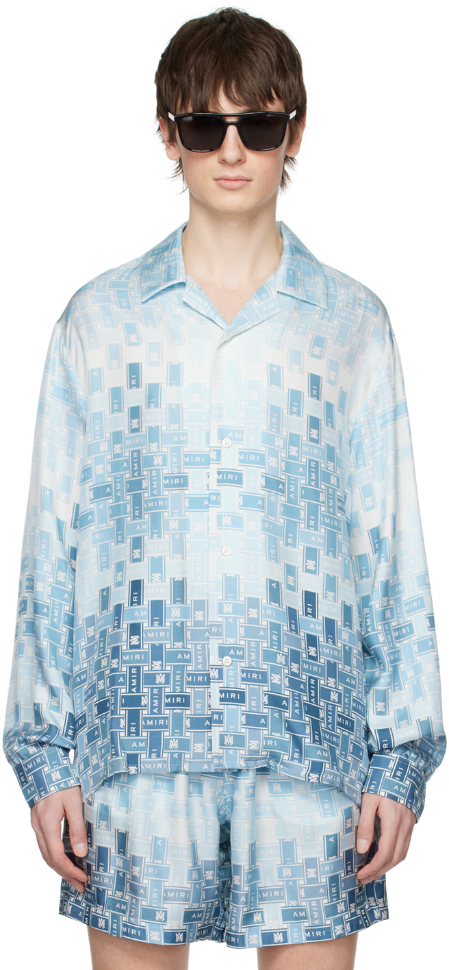 Amiri Gradient Tape Silk Pajama Shirt In Blue