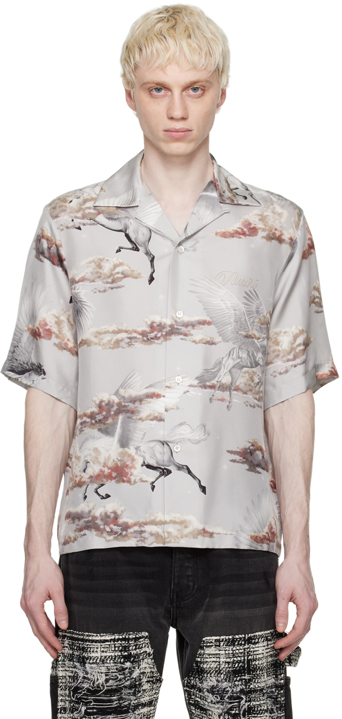 Amiri Pegasus Print Silk Bowling Shirt In Grey | ModeSens