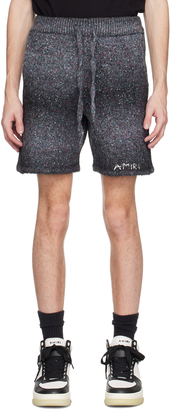 Amiri Wide-leg Embroidered Melangé Knitted Drawstring Shorts In Black