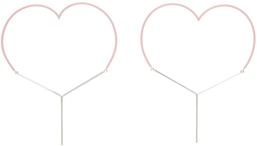 Y/project Pink Maxi 'y' Heart Earrings In Pink/silver