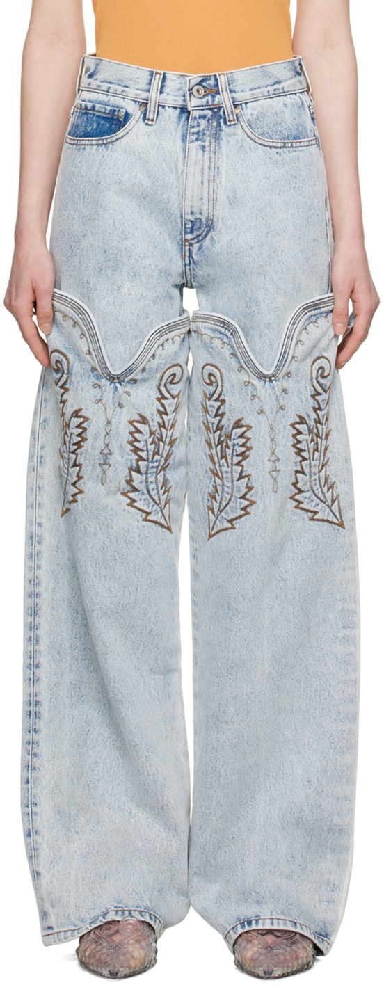 Y/project Blue Cowboy High Cuff Jeans In Ice Blue