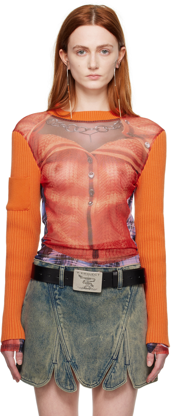 Shop Y/project Orange Jean Paul Gaultier Edition Trompe L'oeil Ruffle Cardigan Long Sleeve T-shirt In Burnt Orange