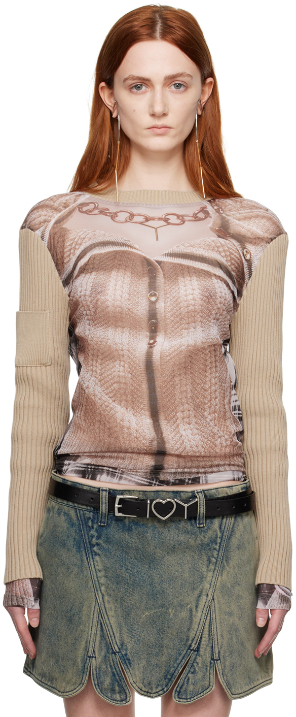 Beige Jean Paul Gaultier Edition Trompe L'Oeil Ruffle Cardigan Long Sleeve  T-Shirt