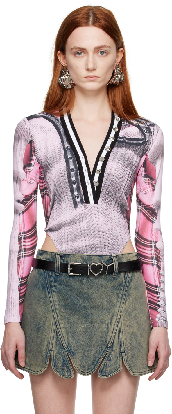 Y/project Pink Jean Paul Gaultier Edition Trompe L'oeil Cardigan Bodysuit In Multicolor