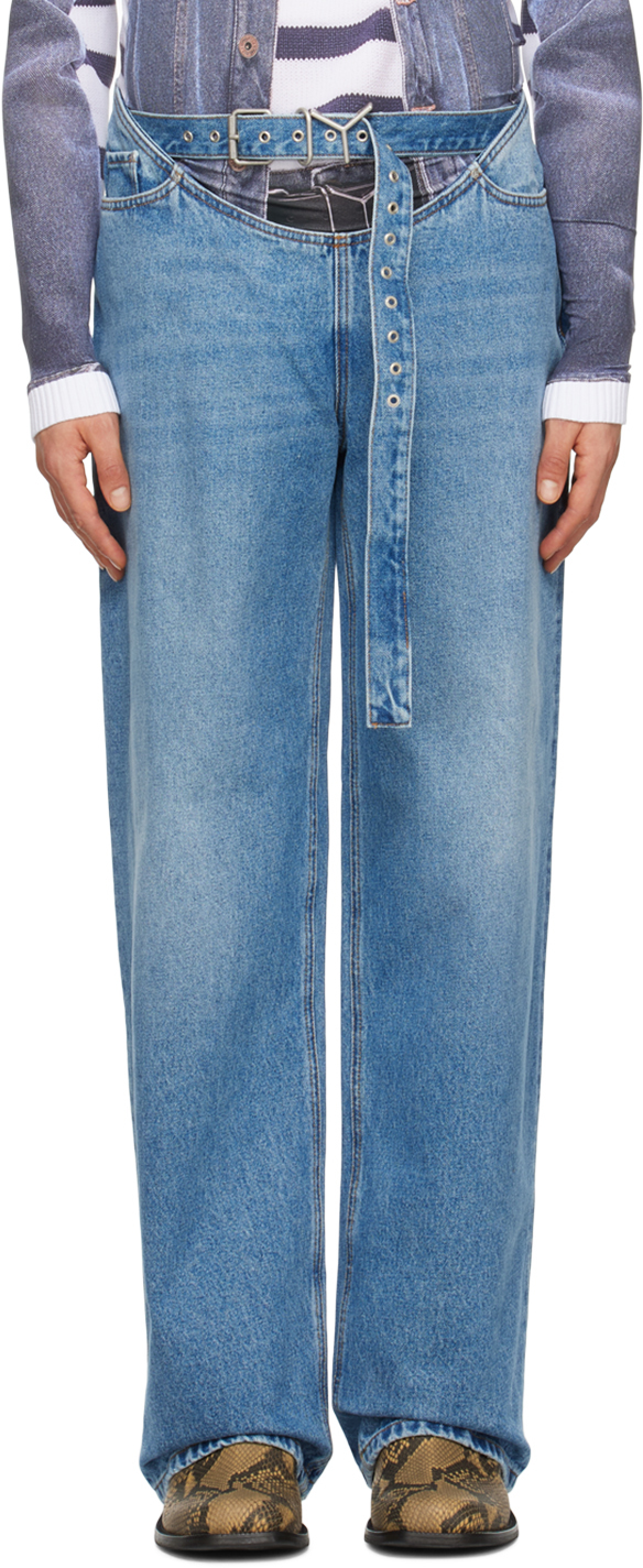 Y/project Belted-waist Denim Jeans In Blue